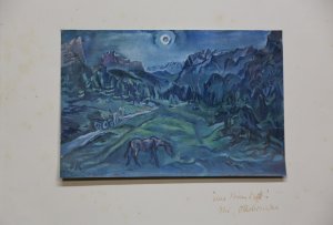 Farbiger Kunstdruck von dem Gemälde Dolomitenlandschaft (1913). Montiert auf Untersatzpapier, dort rechts unten mit eigenhändiger Signatur und Bezeichnung […]