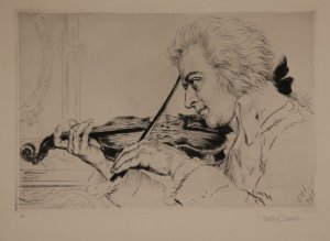 Mozart, eine Violine spielend. Radierung von Karl Bauer, am Unterrand mit Bleistift signiert.