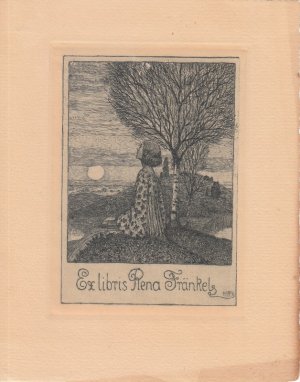 Ex libris Rena Fränkel. Frau, unter Birke sitzend auf eine Wasserlandschaft mit tief stehender Sonne blickend.