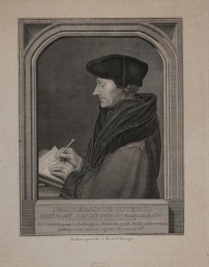 Portrait "Erasmus Roterod". Kupferstich von Bartholomäus Hübner nach dem Gemälde von Hans Holbein.