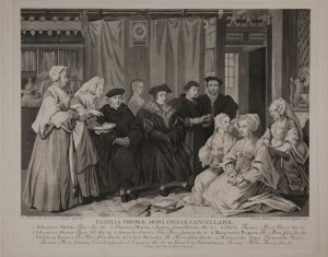 Portrait "Familia Thomae Mori". Kupferstich von Bartholomäus Hübner nach dem Gemälde von Hans Holbein.