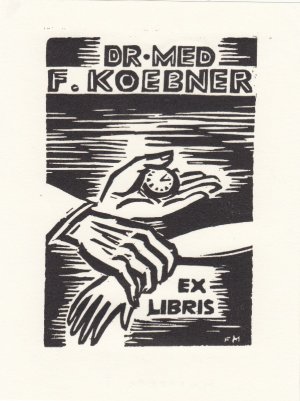 Ex Libris Dr. med. F. Koebner. Arzthände, Puls messend.