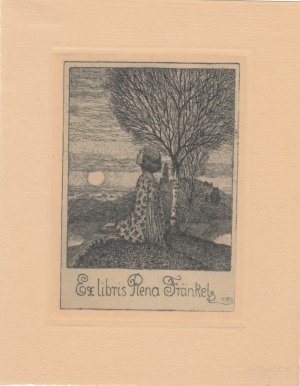 Ex libris Rena Fränkel. Frau, unter Birke sitzend auf eine Wasserlandschaft mit tief stehender Sonne blickend.