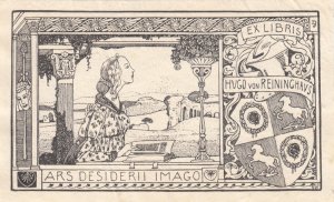 Ex Libris Hugo von Reininghaus. Links vor Landschaft mit Ruinen sitzend Lesende, rechts Eignerwappen.