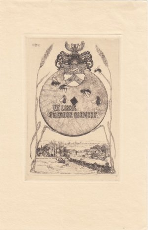 Ex Libris Theodor Bienert. Über Landschaft mit Dorf zwischen zwei Ähren Mühlstein mit Eignervermerk, Wappen und Bienen.