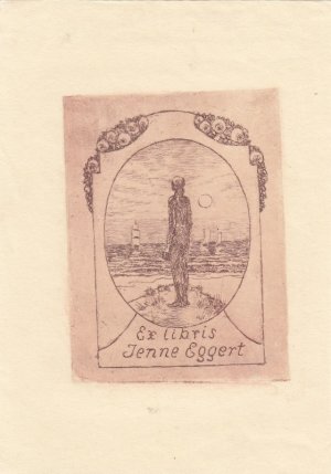 Ex Libris Jenne Eggert. Rückenfigur vor Meer mit Segelbooten.