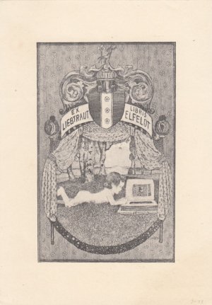 Ex Libris Liebtraut Elfeldt. Auf Wiese liegend lesendes Kind, von Blütenbogen und Vorhang gerahmt, darüber ein Wappen.