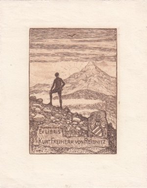 Ex Libris Kurt Freiherr von Reibnitz. Rückenfigur im Gebirge vor Sonne am Horizont, rechts Eignerwappen.