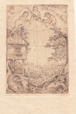 Exlibris Giannina Barth. Oben drei Putti, darunter Haus, Baum und Fantasiewesen.