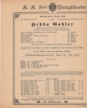 antiquarisches Buch – k. k. Hof = Burgtheater Wien – Theaterzettel Henrik Ibsen HEDDA GABLER 3. Oktober 1909