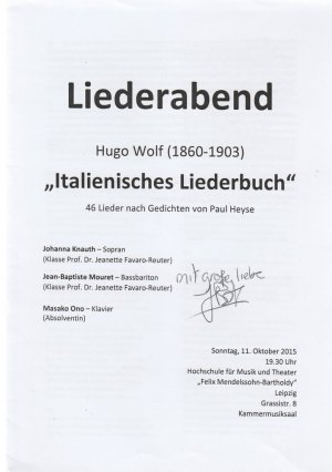 Programmheft Jean-Baptiste Mouret LIEDERABEND HUGO WOLF ITALIENISCHES LIEDERBUCH 11. Oktober 2015 Kammermusiksaal