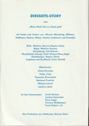 gebrauchtes Buch – Städtische Bühnen Erfurt, Regina Gleim – Theaterzettel DIESSEITS-STORY oder WENN MUTTI FRÜH ZUR ARBEIT GEHT Premiere 16. Mai 1986