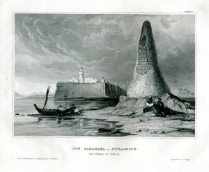 Die Schädel-Pyramide bei Tebah in Africa gez. v. T. Allom., Stahlstich v. I. G. Martini, Rudolstadt 1838