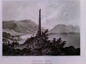 Friethofs Bauta, Sogne-Fjord, in Norwegen, Sognefjord, Sogn Friedhof, Denkmal, Norwegen, Norway, Blick über das Denkmal auf den Fjord und die Berge, Gez. v. C. Reiss