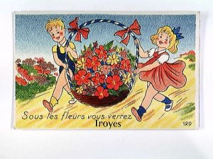 Troyes, Leporello-Karte mit 10 Bildern, Kinder mit Blumen-Korb, AK, ungelaufen, ca. 1955