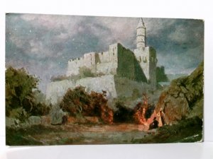 Kunst. Die Citadelle von Jerusalem. Alte Ansichtskarte / Künstlerkarte farbig, gel. 1928. Gebäudeansicht, Wächter am Feuer.