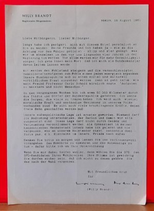 Flugblatt / Wurfsendung an Alle Haushaltungen zur Bundeskanzlerwahl / SPD von Willy Brandt im August 1961