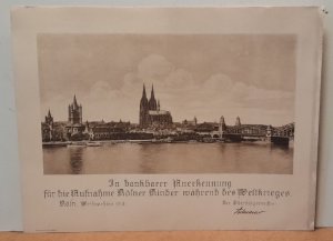 Fotografie / Fotodruck auf festem Karton. Köln mit dem Text "In dankbarer Anerkennung für die Aufnahme der Kölner Kinder Während des Weltkrieges. Köln […]