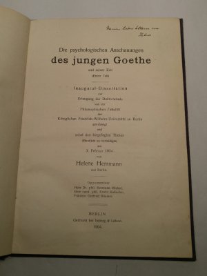 antiquarisches Buch – Helene Herrmann – Die psychologischen Anschauungen des jungen Goethe und seiner Zeit - Widmungsexemplar an die Eltern von Helene! Inaugural-Dissertation