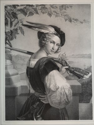 Lithographie um 1840. Der Edelknabe mit Jagdgewehr.