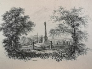 Original Lithographie um 1823. Denkmal 1813 mit Helmzier.