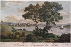 Altkolor. Lithographie 1820. Ansicht von Travemünde bei Lübeck.