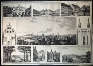 Original Lithographie 1864. Souvenirblatt, Hildesheim. Gesamtansicht umgeben von 9 Teilansichten.