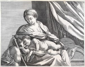 Kupferstich von 1650. Madonna mit dem heiligen Kinde, das den kleinen S. Johannes am Kinn nimmt.