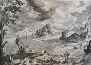 Kupferstich von 1620 . Christus wandelt auf dem Meer.