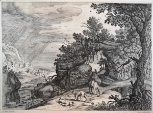 Kupferstich von 1605. Die Landschaft mit dem Leichnam und dem Löwen.