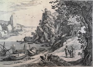 Kupferstich von 1605. Die Landschaft mit Abraham, Hagar und Ismael.