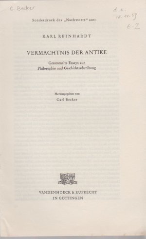 Nachwort. [Aus: Karl Reinhardt, Vermächtnis der Antike].