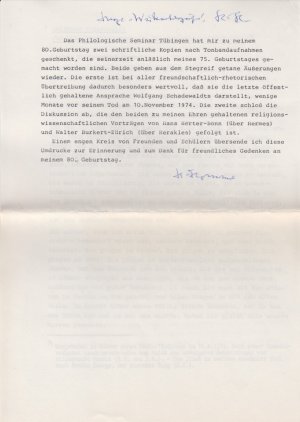 Für Hildebrecht Hommel zum 75. Geburtstag (19.5.1974). Schlußwort des Jubilars H. Hommel (14.6.1974). Schriftl. Kopie nach 2 Tonbandaufnahmen mit Anschreiben […]