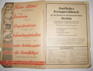 Amtliches Fernsprechbuch für den Bezirk der Reichspostdirektion Stettin. Enthält: Handels-, Gewerbe- und Berufsverzeichnis der Fernsprechteilnehmer für […]