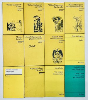 gebrauchtes Buch – William Shakespeare Moliere – 12 Hefte der RECLAM UNIVERSAL-BIBLIOTHEK Theaterstücke: 31. HAMLET + 46. DER STURM + 53. WAS IHR WOLLT + 73. EIN SOMMERNACHTSTRAUM + 74. TARTUFFE + 83. IPHIGENIE AUF TAURIS + 3605. DER DOKTOR FAUSTUS + 4380. MEDEA + 7416. AMPHITRYON + 8860. TOTENTANZ + 8937. + 8131 Von morgen bis mitternachts,