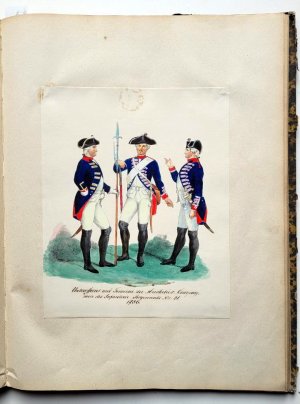 gebrauchtes Buch – Uniformen, Preussen: – Uniform Darstellungen der im Jahre 1756 bestandenen Infanterie-Regimenter. ... in der Bibliothek Sr. Majestät Friedrich Wilhelm IV, befindlichen Uniform ... unter dem Titel: Uniforme von Sr. Königl. Majestet in Preussen Armee, Von Stieftung Derer Regimenter nebst denen Commandours, von Churfürst George Wilhelm, bis König Friedrich den 2ten, so Infanterie, Cürassier, Dragoner, Hussaren und Jäger-Corps, Potsdam 25. Juny 1756.