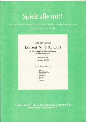 antiquarisches Buch – John Baston  – Konzert Nr. II - C-Dur  für Sopran-Blockflöte (Oboe, Akkordeon) und Zupfinstrumente