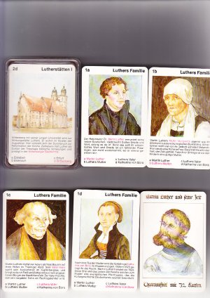 Martin Luther und seine Zeit Quartettspiel mit 32 Karten. Herausg. Evang.-Luth. Kirchenstiftung St. Jakob, Augsburg. Aquarelle nach alten Vorlagen: Johannes Wald, Fladungen.