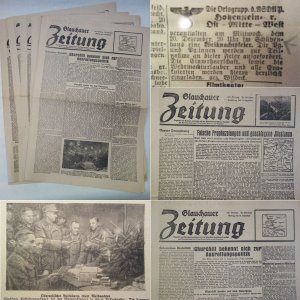 Glauchauer Zeitung. Tageblatt und Anzeiger, verbunden mit dem Hohenstein-Ernstthaler Tageblatt und Anzeiger sowie dem Lichtensteiner Anzeiger und Tageblatt. 125. Jahrgang Nr. 297 - 302 18.-26. Dezember 1944: 6 Ausgaben * Angloamerikanischer Verrat an Europa / Verbrechen der angloamerikanischen Kulturbarbaren / Verbrechen des Bolschewismus in Osteuropa /  K r i e g s v e r b r e c h e r   C h u r c h i l l  zur  A u s r o t t u n g s p o l i t i k  gegenüber  D e u t s c h l a n d  /  O s t p r e u ß i s c h e r   V o l k s s t u r m / Forderung der  L u b l i n e r   S o w j e t s :  G r o ß - P o l e n  bis zur  O d e r   u n d   N e i ß e /  Drakonische Maßnahmen gegen  J u d e n g e g n e r   i n   E n g l a n d /  Durchhalteparolen für den  E n d s i e g