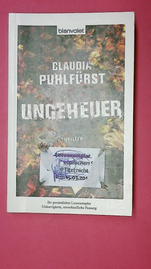 gebrauchtes Buch – Claudia Puhlfürst – UNGEHEUER. Thriller