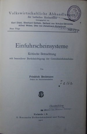 antiquarisches Buch – Friedrich Beckmann – Einfuhrscheinsysteme. kritische Betrachtung mit besonderer Berücksichtigung der Getreideeinfuhrscheine.