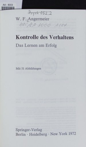 gebrauchtes Buch – Angermeier, Wilhelm F – Kontrolle des Verhaltens.