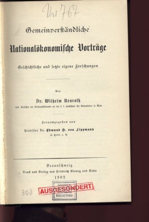 antiquarisches Buch – Wilhelm Neurath – Gemeinverständliche Nationalökonomische Vorträge. Geschichtliche und letzte eigene forschungen.