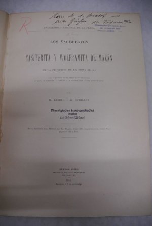 antiquarisches Buch – Keidel, H. und W – Los Yacimientos de Casiterita y Wolframita de Mazan en la Provincia de la Rioja (R. A.). De la Revista del Museo de la Plata, tomo XX (segunda serie, tomo VII).