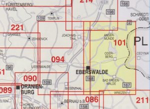 gebrauchtes Buch – Radwander- und Wanderkarte Angermünde, Eberswalde, Bad Freienwalde (Oder) und Umgebung - Ausflüge zwischen Gamengrund, Kloster Chorin, dem Parsteiner See, Wriezen und dem Oderbruch. 1:50000