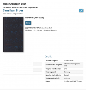 gebrauchtes Buch – Buch, Hans Ch – Sansibar-Blues oder wie ich Livingstone fand - Roman / Die Andere Bibliothek Bd. 287