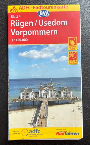 gebrauchtes Buch – Herausgeber: Allgemeiner Deutscher Fahrrad-Club e.V. – ADFC-Radtourenkarte 4 Rügen/Usedom Vorpommern 1:150.000, reiß- und wetterfest, GPS-Tracks Download