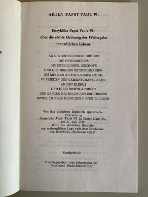 antiquarisches Buch – Papst Paul VI – Enzyklika "Humanae vitae" - über die rechte Ordnung der Weitergabe menschlichen Lebens