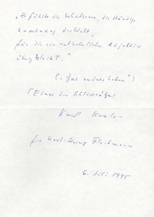 Schriftsteller (1915-1999): Eigenhänd. Zitat eines (nach Aussage von Karl Krolow) "der Schlüsselsätze" aus der 1979 Suhrkamp erschienen Erzählung "Das […]