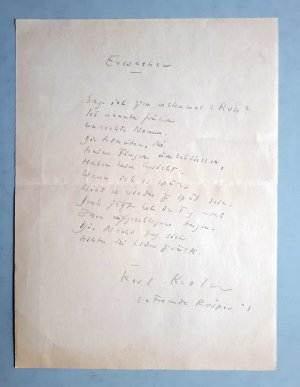 Karl Krolow - Autograph - handgeschriebene Gedicht (Bleistift) aus dem Band Fremde Körper (Erwachen)